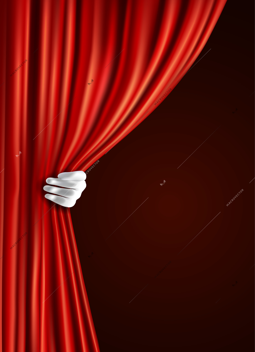 Theater stage red velvet open retro style curtain with human hand in glove background vector illustration.