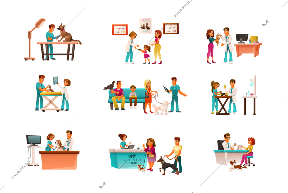Set of isolated veterinary clinic cartoon compositions with characters of vets and pet owners vector illustration