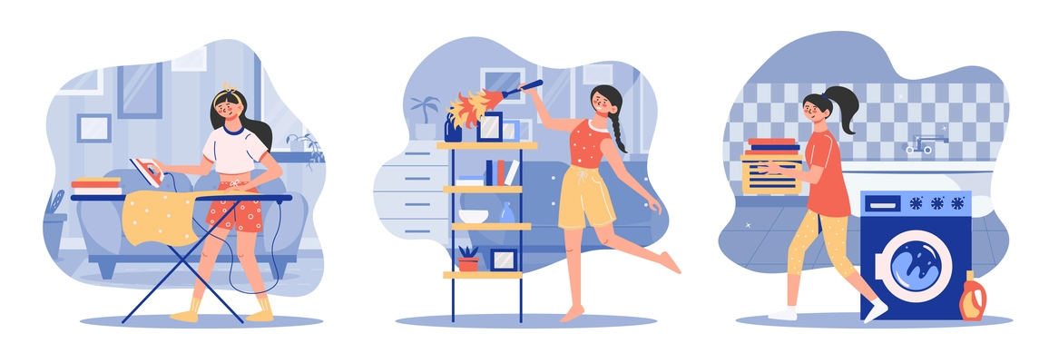 A set of images of house cleaning in which the girl ironing things dusting and wiping clothes vector illustration