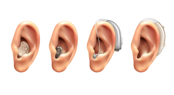 Hearing aid ear realistic set of four isolated images with human ears with hanging electronic appliances vector illustration