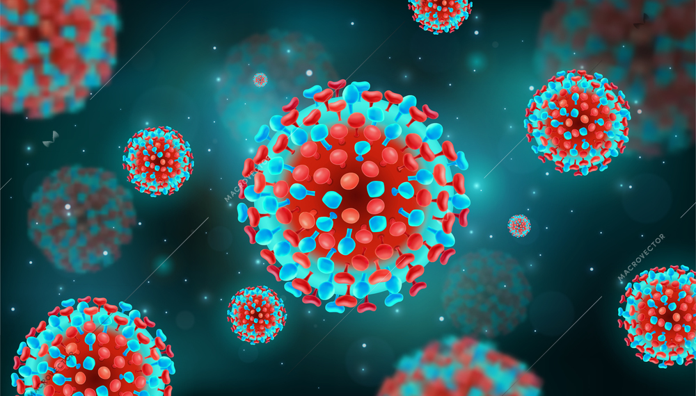 Realistic covid19 virus background with red and blue coronavirus cells vector illustration