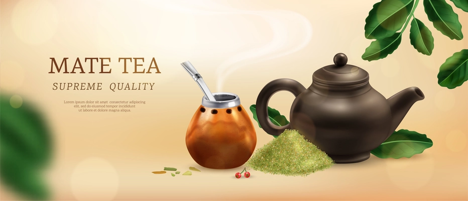 Mate tea supreme quality ads horizontal poster with ceramic teapot and gourd realistic vector illustration