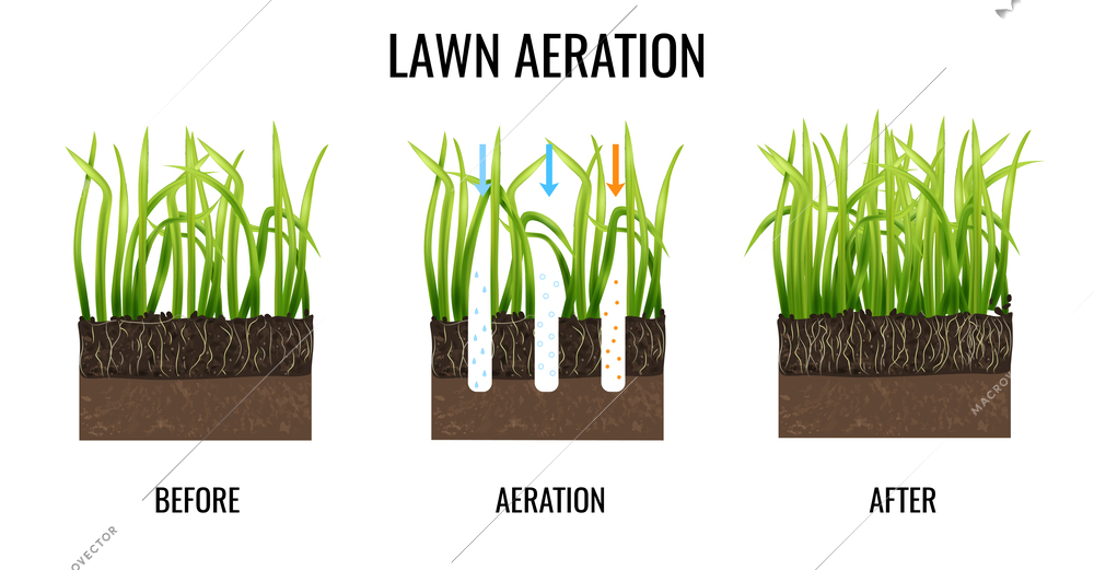 Green lawn care three aeration stages on white background realistic isolated vector illustration