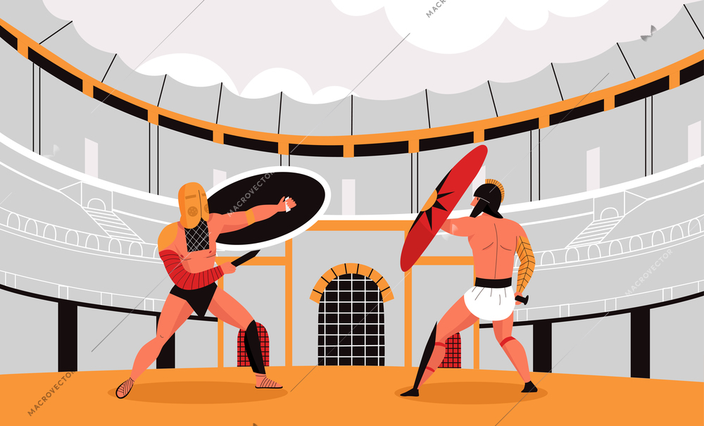 Two roman gladiators with shields fighting on arena of colosseum flat vector illustration