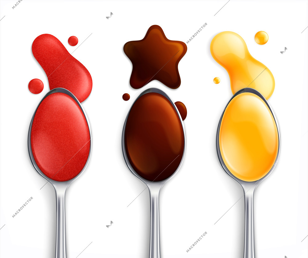 Blots and sauces realistic set with isolated images of silver spoons with colorful sauce and spots vector illustration