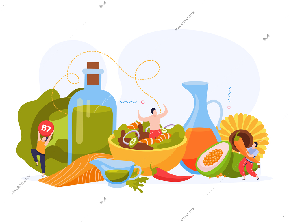 Food oils flat composition with images of salad dish ripe vegetables fish and jars with oil vector illustration