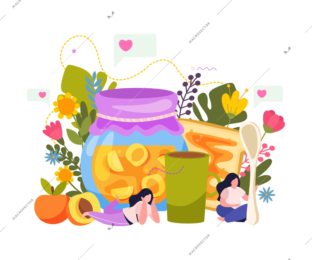 Jam production flat composition with female characters among flowers fruits and glass can with drink cup vector illustration