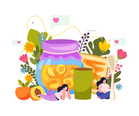 Jam production flat composition with female characters among flowers fruits and glass can with drink cup vector illustration