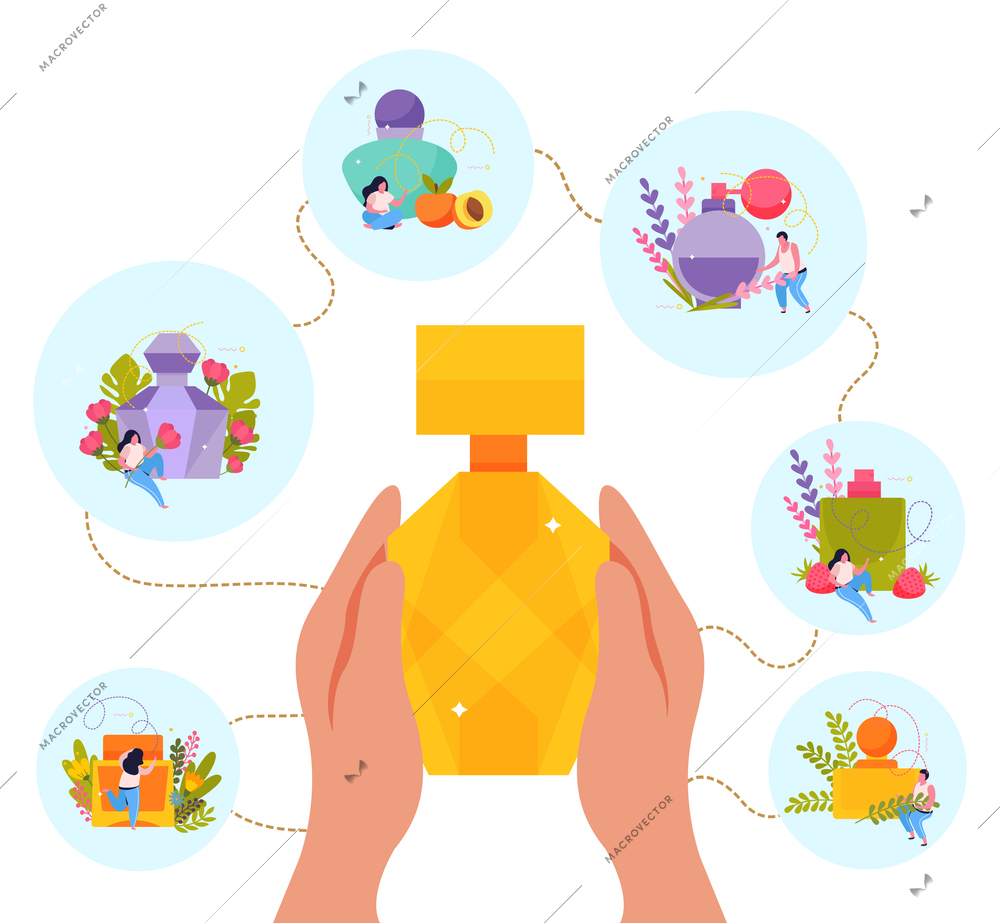 Perfume flat background with human hands holding flask surrounded by circle compositions of people with perfumery vector illustration