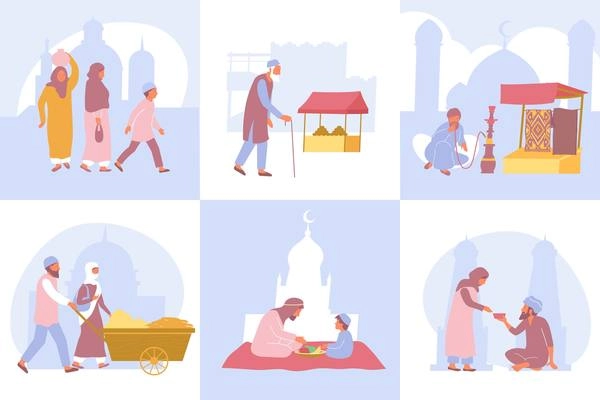 Compositions of some scenes of the pastime of men and women in an Arab city flat vector illustration