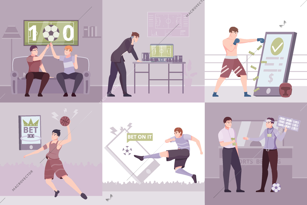 Sports betting six square compositions with young people betting on football basketball and boxing vector illustration
