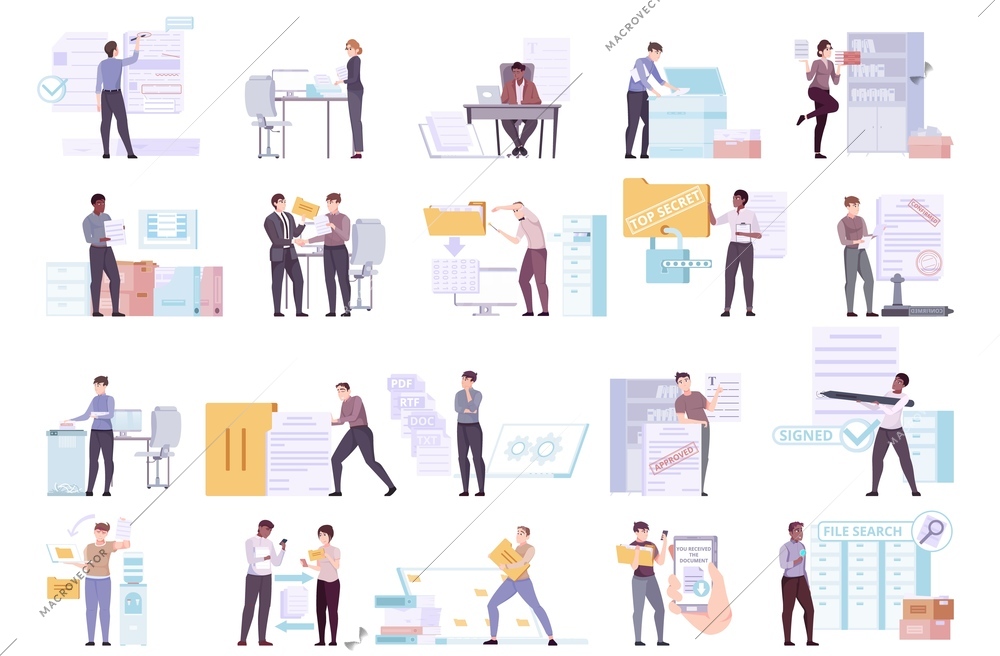 Document text set with flat isolated icons human characters of workers at working places with paperwork vector illustration