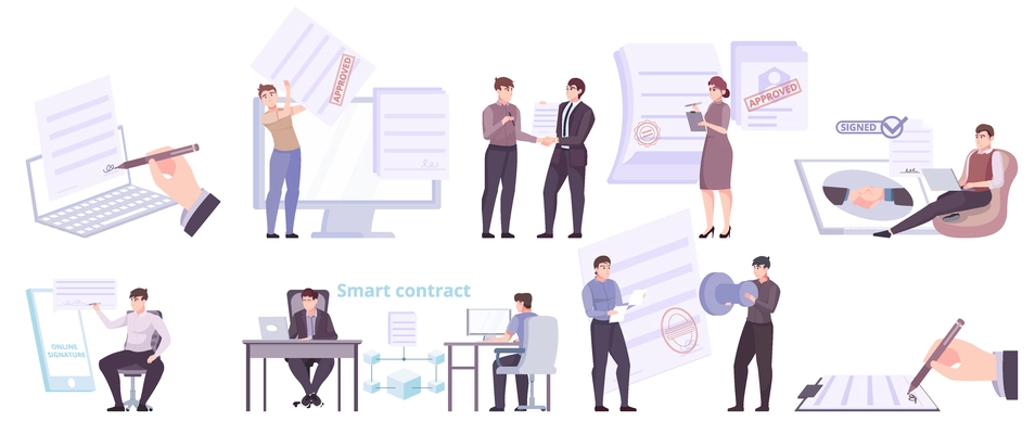 Contract signature legal set of flat isolated icons with human hands signing and sealing document papers vector illustration