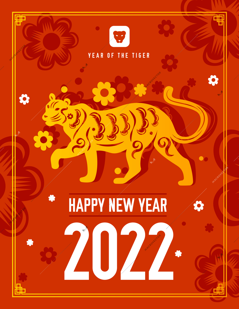 Chinese tiger 2022 zodiac sign vertical poster with editable text and ornate flowers with tiger character vector illustration