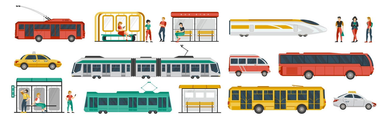 Colored public transport icon set passengers at stops waiting for transport high speed trains cabs buses trolleybuses vector illustration