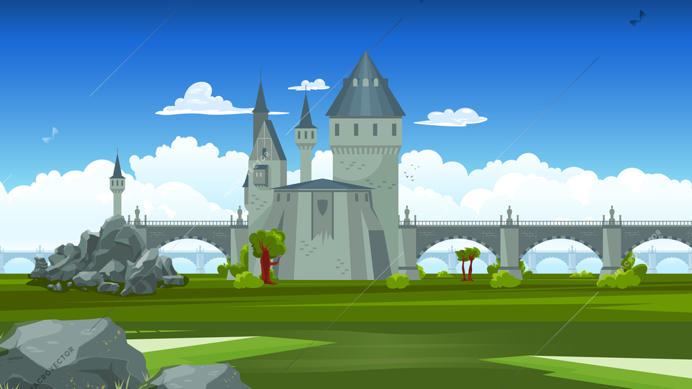 Bridges colored composition stone structure linking large castle with small tower and rest of the land vector illustration