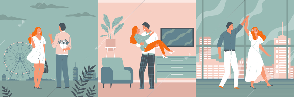 Couple in love design concept with three square compositions of lovers at home in amusement park vector illustration