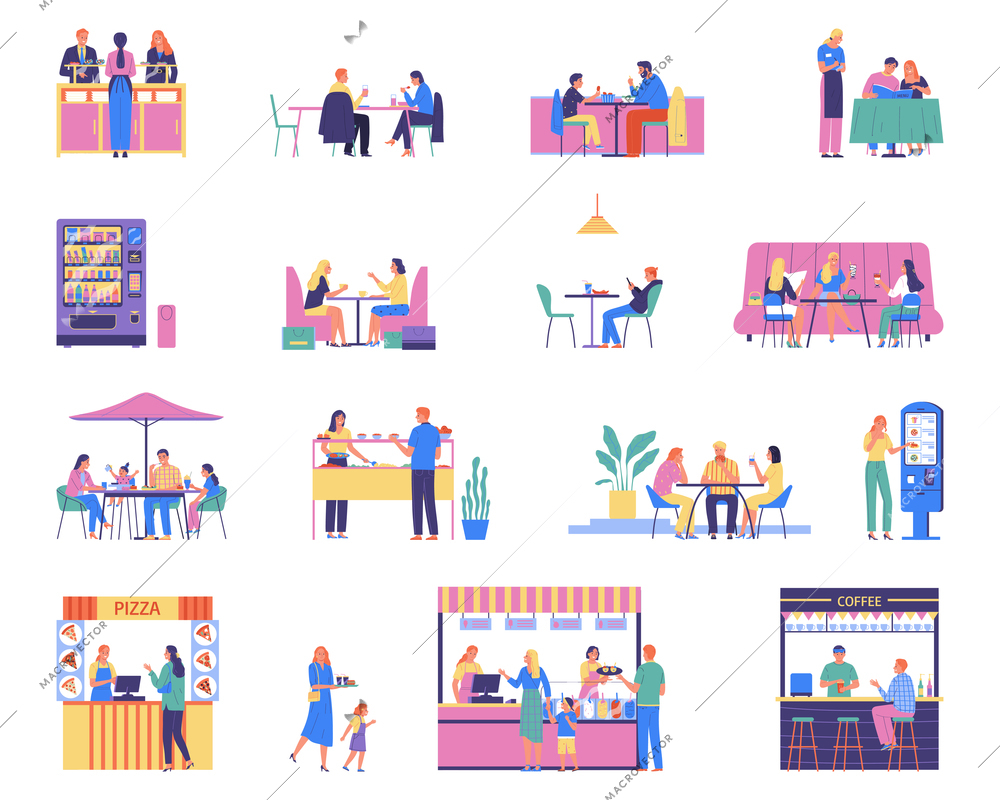 Canteen color set of isolated food court tables market stalls and characters of workers and guests vector illustration