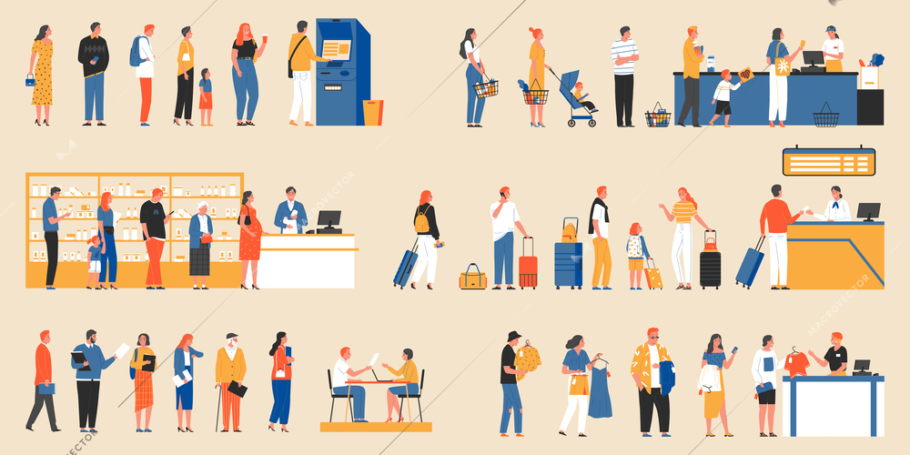 Queue color set of isolated icons with human characters of waiting people in various life situations vector illustration