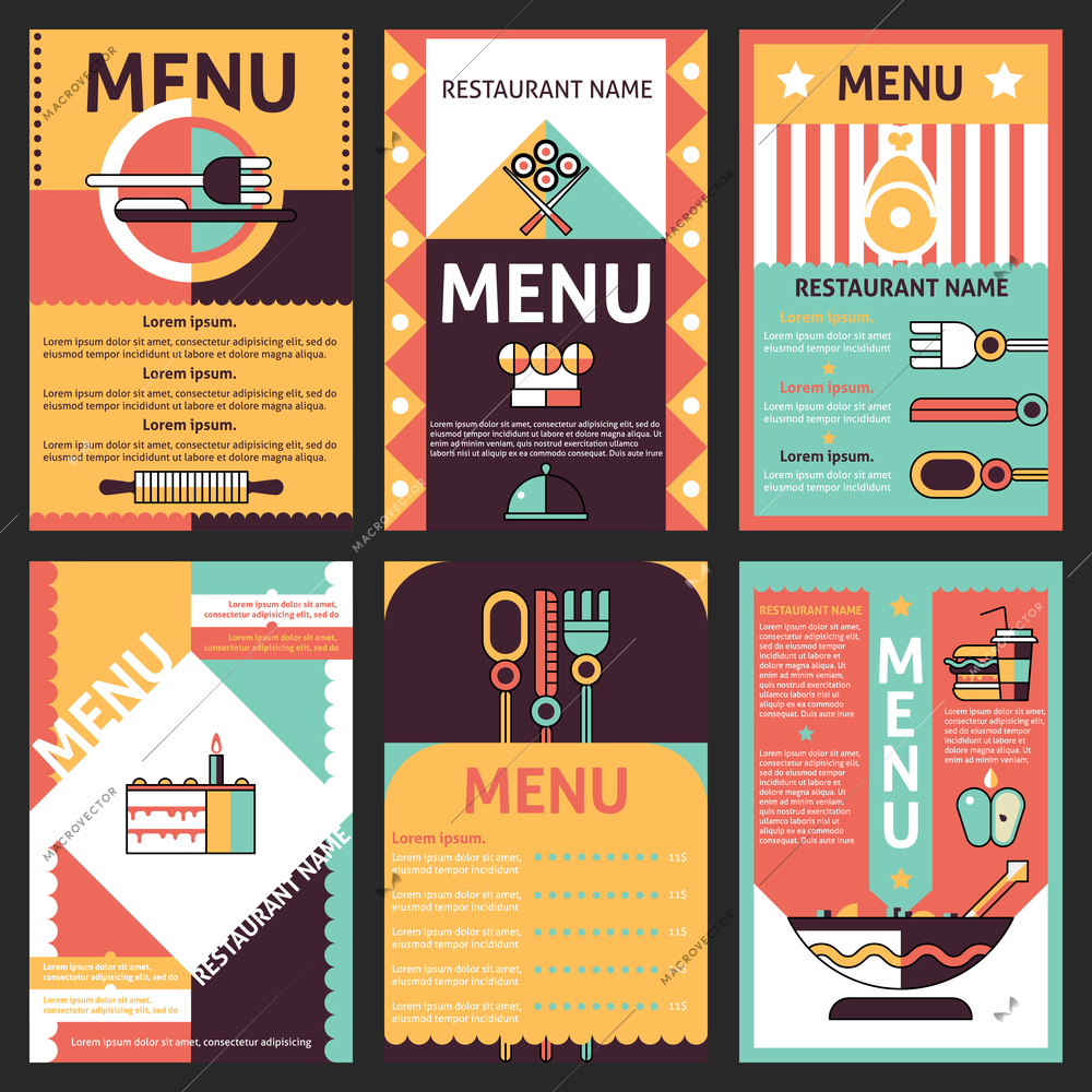 Abstract modern restaurant menu list designs set with decorative cuisine elements isolated vector illustration