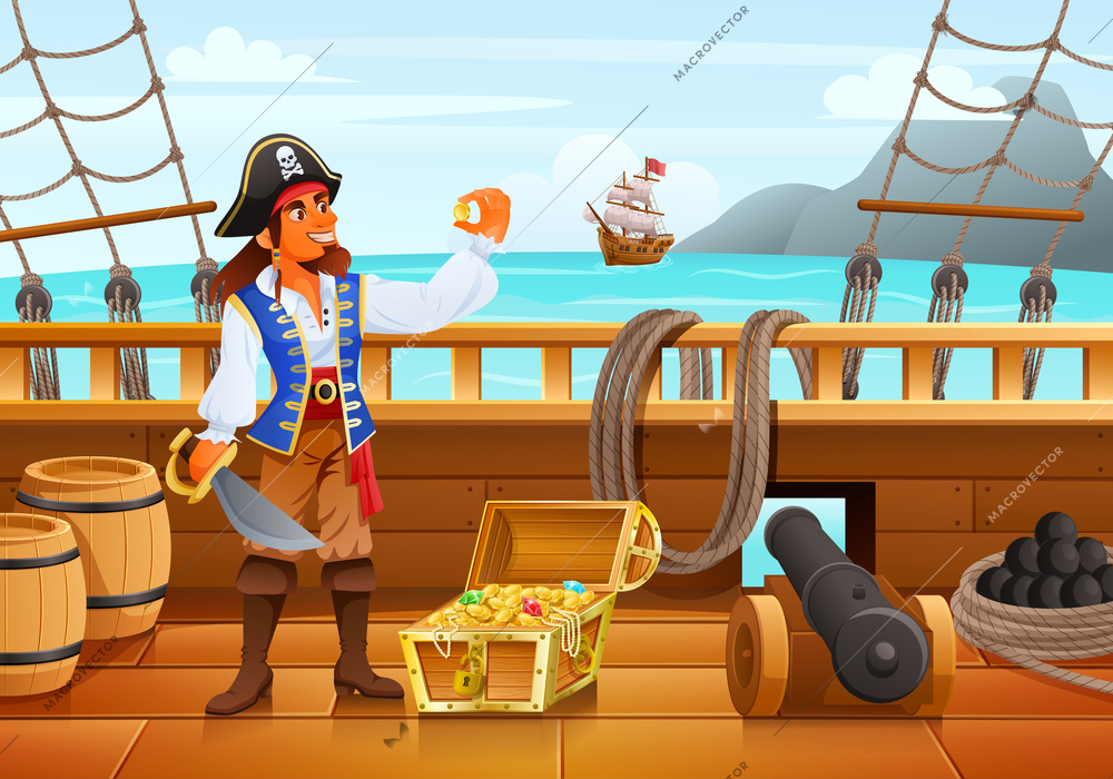 A pirate stands on the deck taking out a gem from a treasure chest cartoon vector illustration