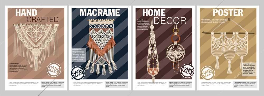 Home decor poster set with handcrafted items made in macrame style isolated vector illustration