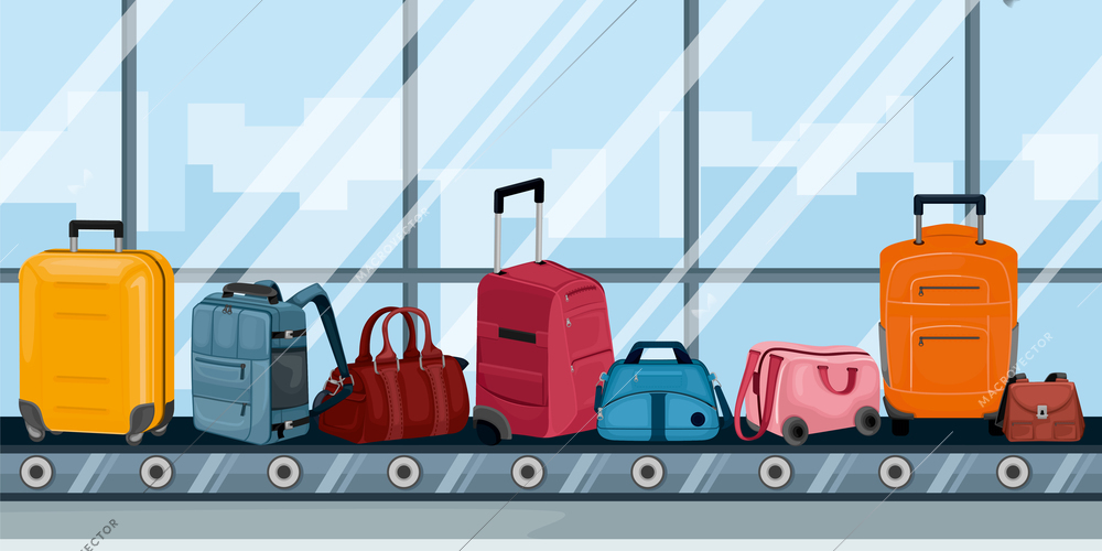 Airport conveyor with luggage color background with travel bags and touristic suitcases on wheels vector illustration