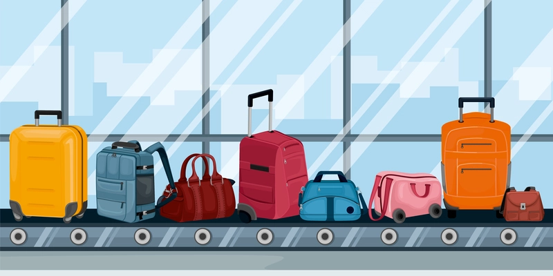 Airport conveyor with luggage color background with travel bags and touristic suitcases on wheels vector illustration