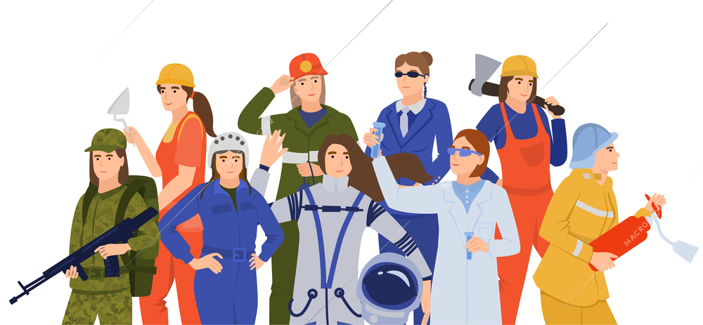 Woman professions flat composition with group of female characters with tools wearing uniform on blank background vector illustration