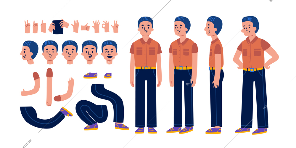 Man constructor set of isolated male characters different views with icons of facial emotions hand gestures vector illustration