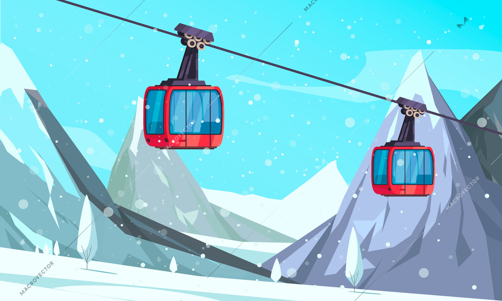 Alpine downhill ski resort funicular lift cartoon composition with 2 cable cars against mountain peaks background vector illustration
