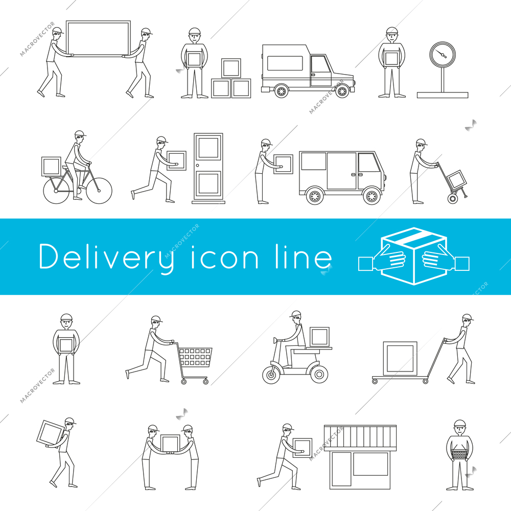 Delivery freight logistic business service driver icons outline set isolated vector illustration