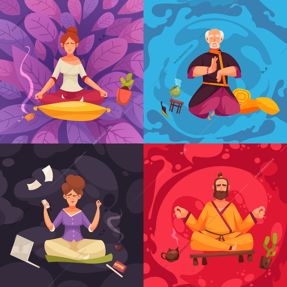 Traditional indian hatha yoga practice office meditation lotus pose relaxation floating feeling colorful cartoon compositions vector illustration