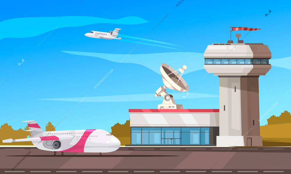 Airport air traffic control tower radar facility cartoon composition with passenger aircrafts landing and takeoff vector illustration