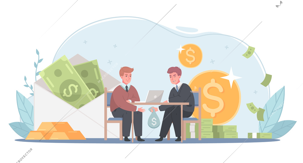 Corruption illegal money laundering cartoon compositions with men giving receiving bribe under the table background vector illustration