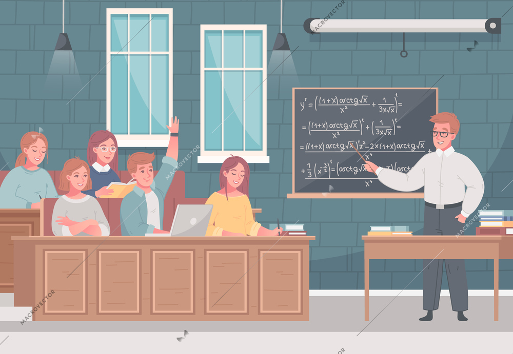 Lecture hall at university with professor  presenting formules on blackboard involving audience participation cartoon composition vector illustration