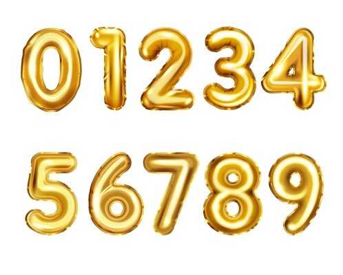 Shiny golden holiday balloon numbers from 0 to 9 realistic set isolated on white background vector illustration