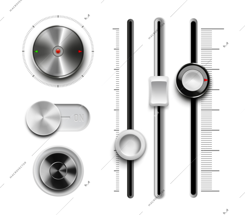 Realistic metal chrome dashboard elements set isolated on white background vector illustration