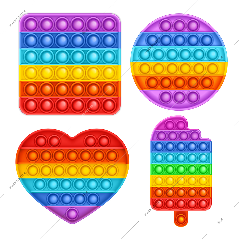 Realistic set of four rainbow color square round heart and ice cream shaped silicone pop it antistress toys isolated vector illustration