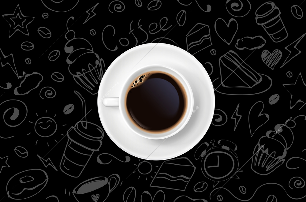 Realistic composition with top view cup of black coffee on black seamless pattern background with doodle images vector illustration