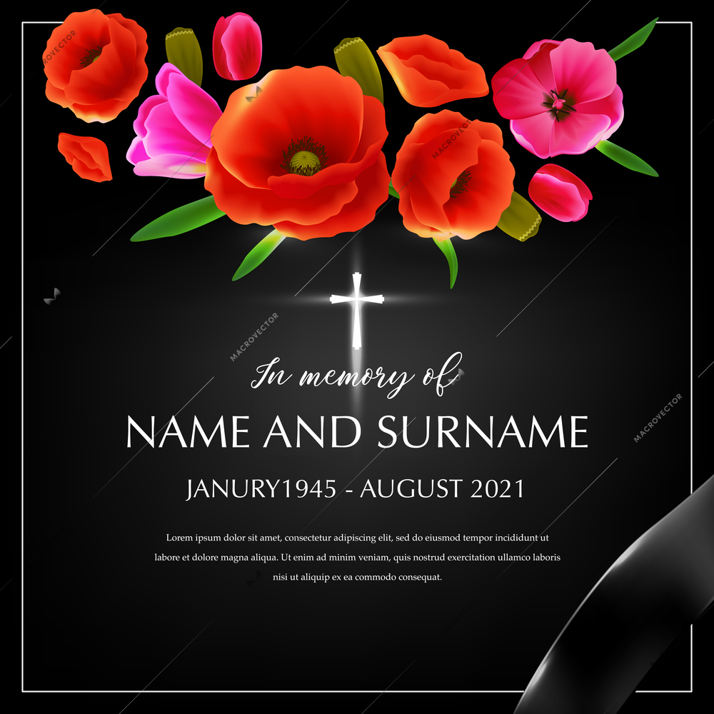 In loving memory composition with square frame black ribbon corner and editable ornate text with flowers vector illustration