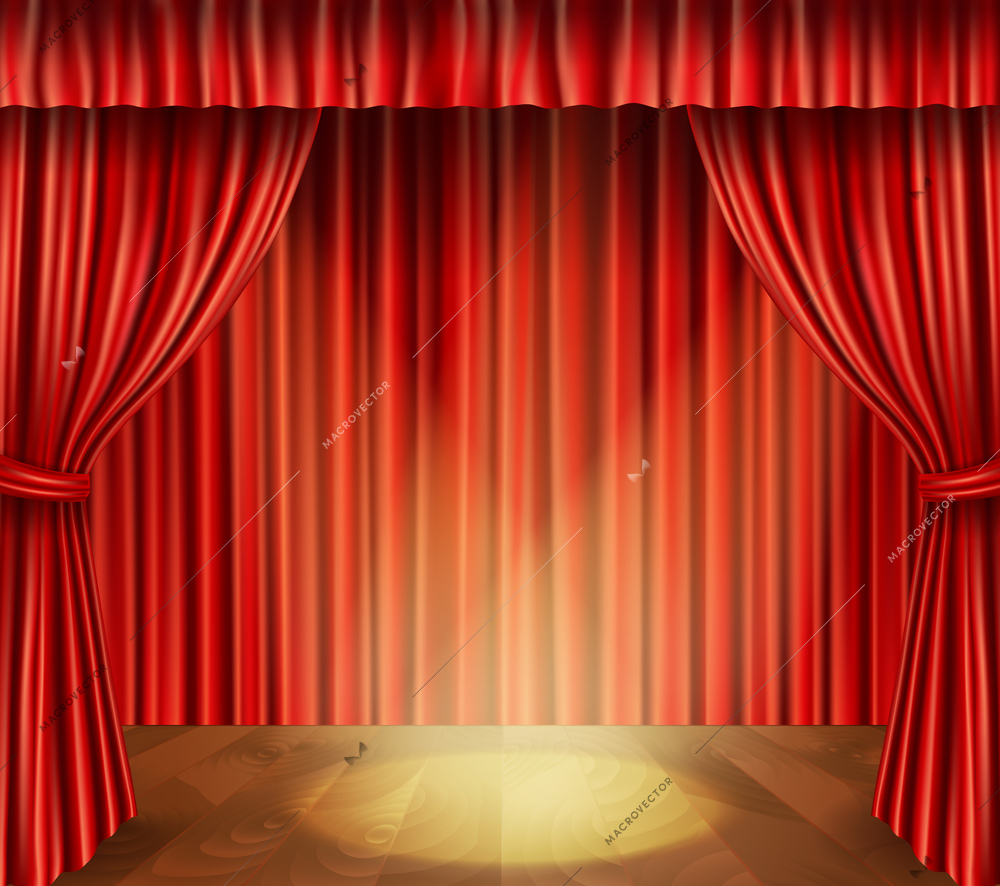 Theater stage with wooden floor red velvet retro style curtain and spotlight background vector illustration