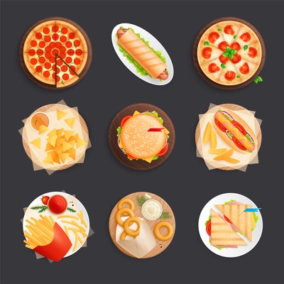 Fast food flat set with top view plates and trays with pizza burger chips hot dog nachos sandwiches onion rings isolated on dark background vector illustration