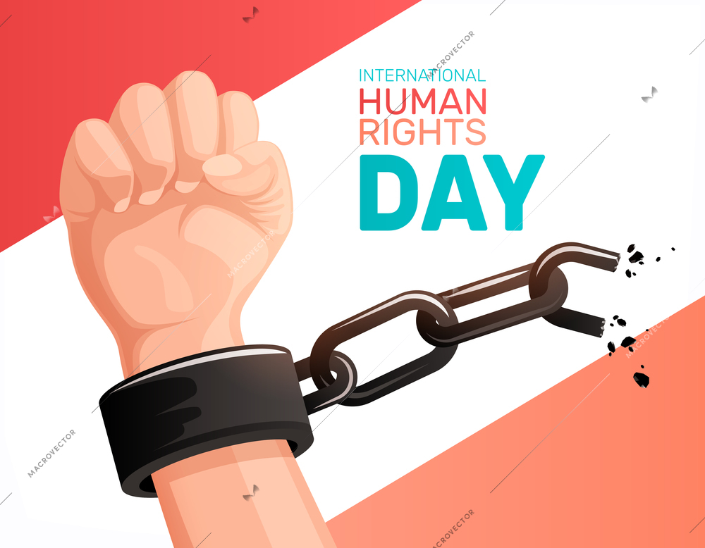 International human rights day freedom concept with clenched fist breaking metal chain flat vector illustration
