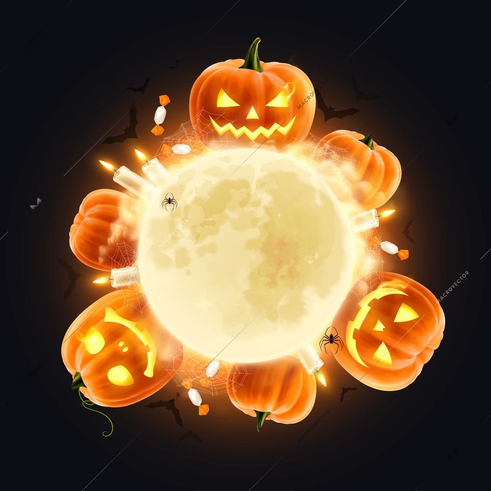 Halloween realistic composition with bright full moon surrounded with scary jack o lanterns sweets candles bats spider webs on black background vector illustration