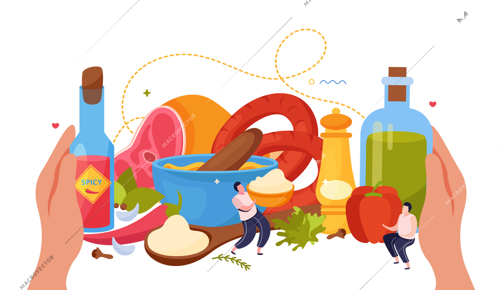 Spices flat background with human hands holding bottles with spicy and aroma  condiments vector illustration