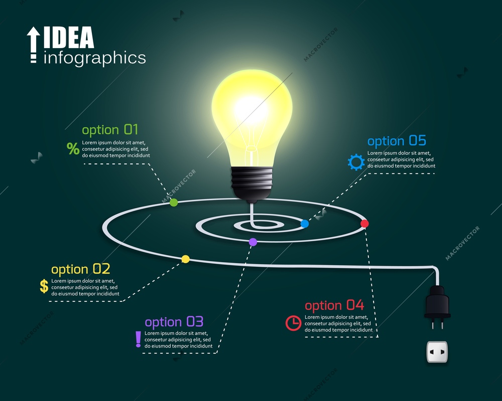 Creative light bulb with options and infographic elements vector illustration
