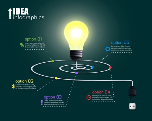 Creative light bulb with options and infographic elements vector illustration