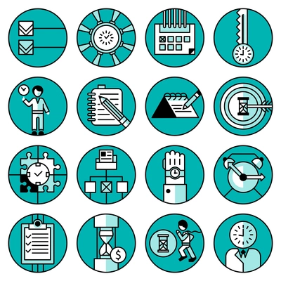 Time management office people running planning working training blue line icons set isolated vector illustration