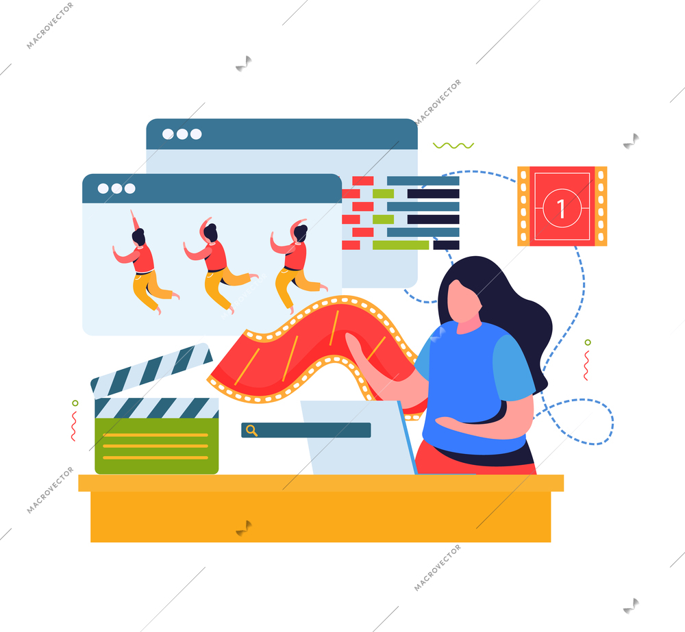 Animation and motion design flat composition with female animator working on character movement vector illustration